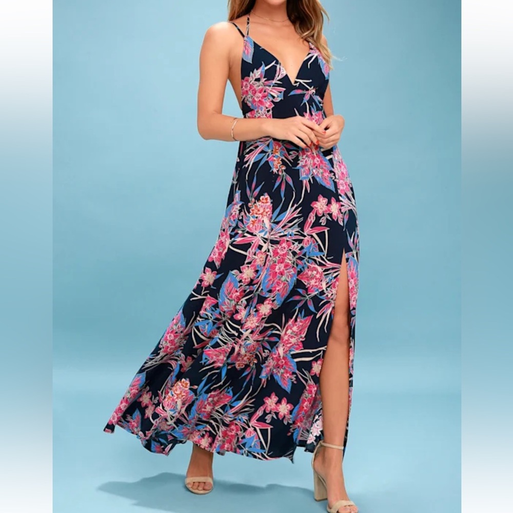 Lulus Tropic of the Day Navy Blue Floral Print Maxi Dress Size Medium